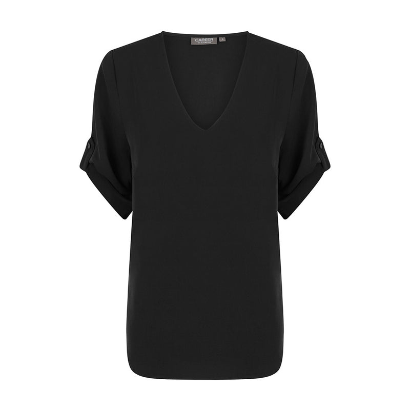Load image into Gallery viewer, Reese V Neck Top featuring luxe twill fabric and rolled elbow-length sleeves with a tab, ideal for blending safety and style in workplace environments.