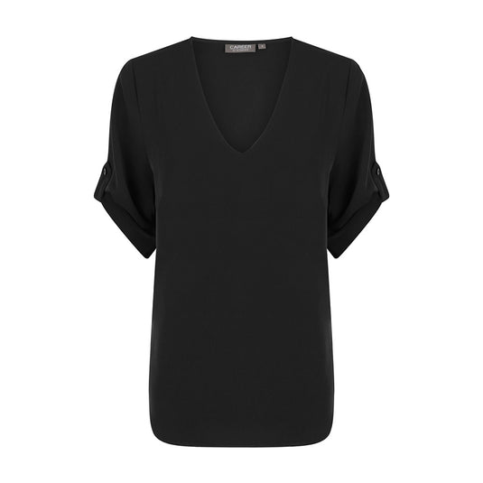 Reese V Neck Top featuring luxe twill fabric and rolled elbow-length sleeves with a tab, ideal for blending safety and style in workplace environments.