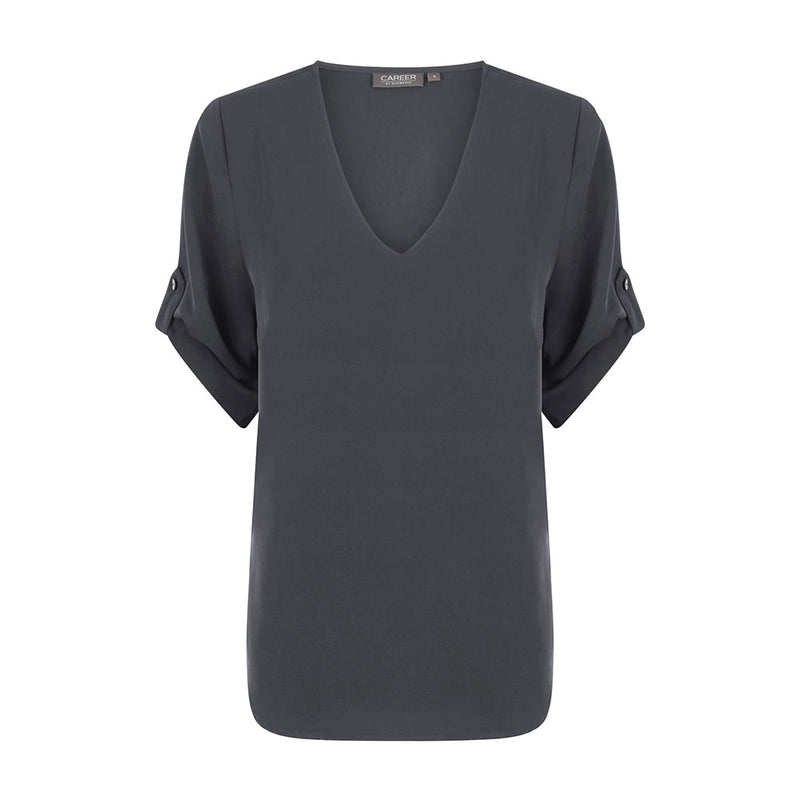 Load image into Gallery viewer, Reese V Neck Top featuring a luxe twill fabric, V-neck design, and elbow-length sleeves with tabs, ideal for professional and casual settings, reflecting Active Safety's commitment to quality workwear.