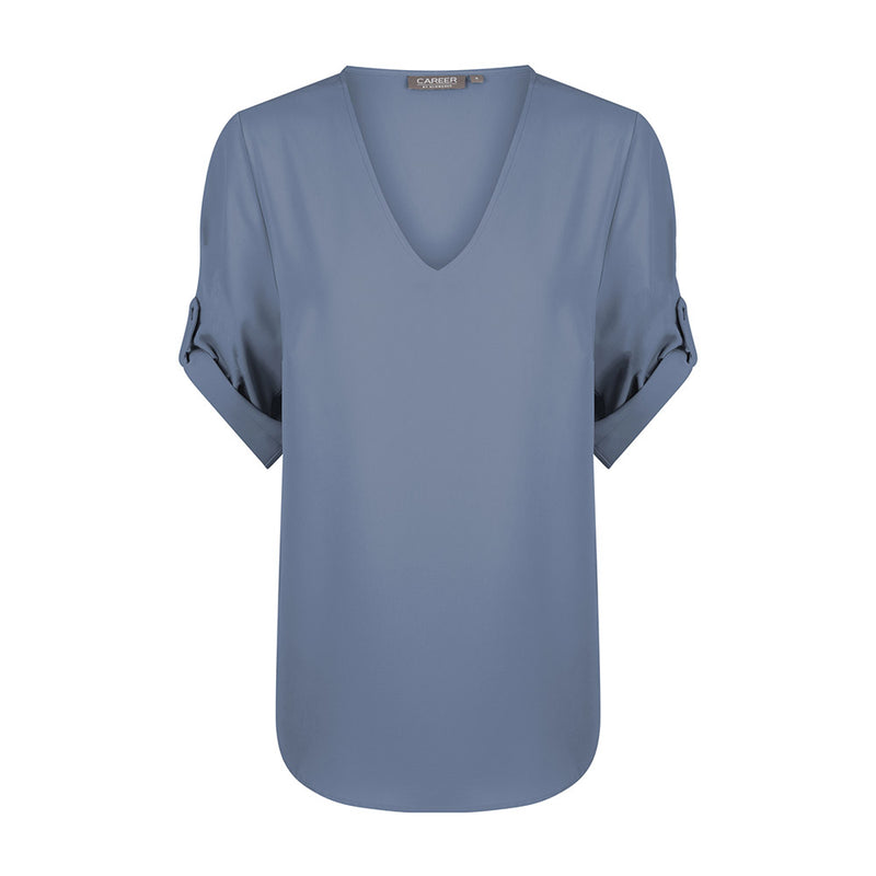 Load image into Gallery viewer, Reese V Neck Top with elbow-length sleeves features luxe twill fabric and a tab detail, ideal for professional or casual settings, reflecting Active Safety's commitment to quality workwear and uniforms.