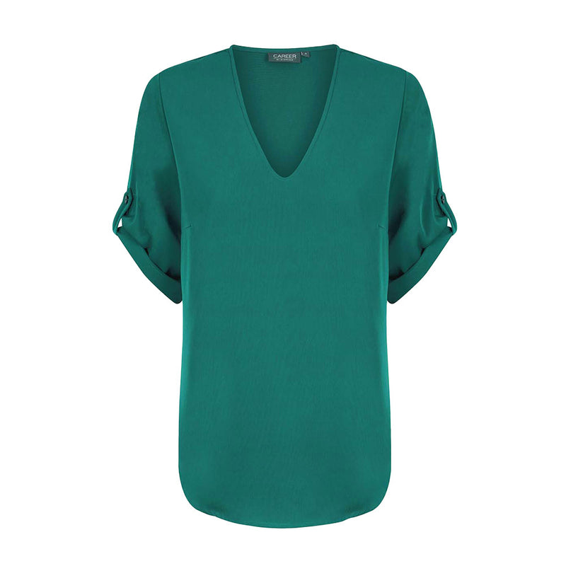 Load image into Gallery viewer, Reese V Neck Top with elbow-length sleeves and tab detailing, crafted from luxe twill fabric. Ideal for casual yet professional workwear, aligning with Active Safety's focus on durable, stylish uniforms.