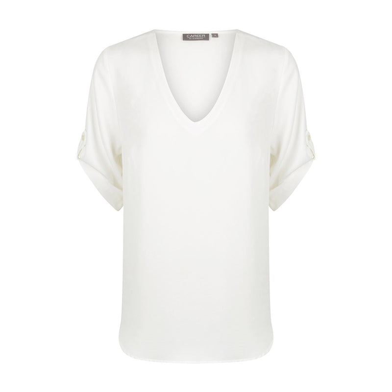 Load image into Gallery viewer, Reese V Neck Top: A white, elbow-length sleeve shirt crafted from luxe twill fabric, featuring a v-neck and tab detail, designed for both comfort and style in active or work environments.