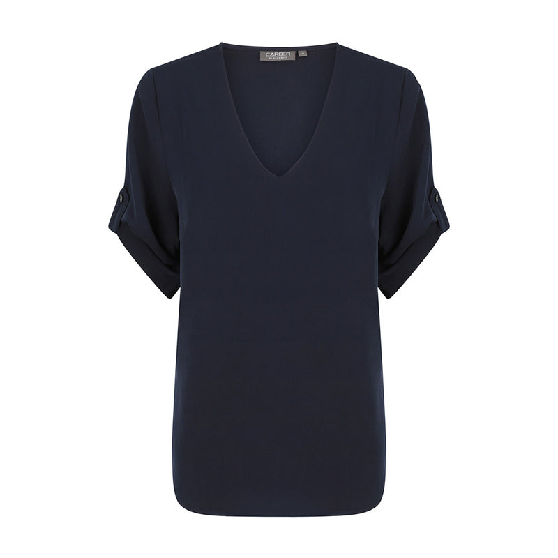 Load image into Gallery viewer, Reese V Neck Top features luxe twill fabric, rolled elbow-length sleeves with a tab, and a chic V-neck design, ideal for a stylish yet practical workwear ensemble.