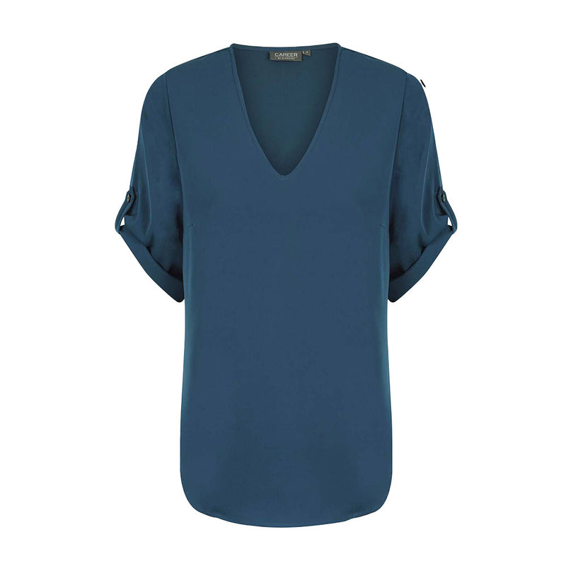 Load image into Gallery viewer, Reese V Neck Top with elbow-length sleeves and tabs, made from luxe twill fabric, ideal for casual or active wear.