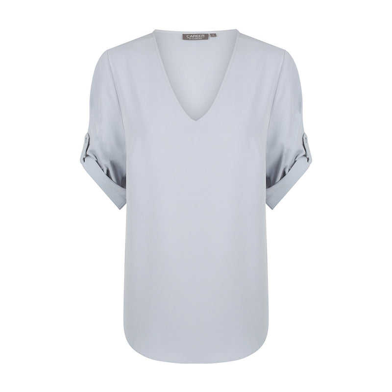 Load image into Gallery viewer, Reese V Neck Top with elbow-length rolled sleeves and luxe twill fabric, showcasing a versatile design suitable for professional and safety-oriented environments.
