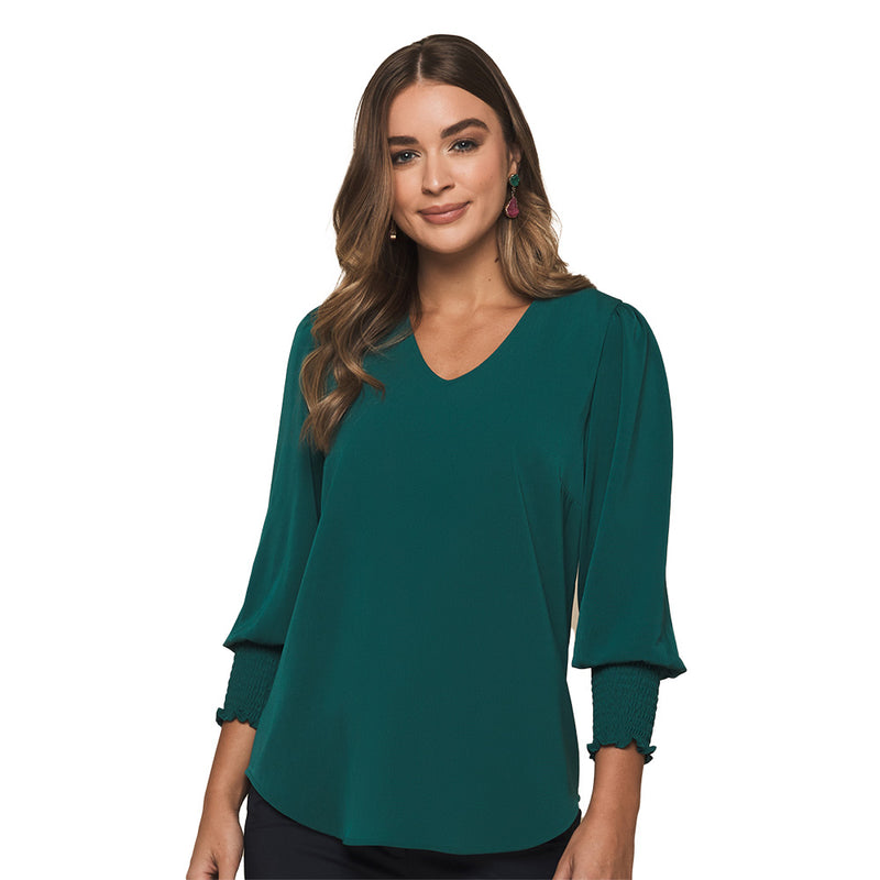Load image into Gallery viewer, Cleo V Neck Shirred Cuff Top featuring a luxe twill fabric with a V-neckline, shirred cuffs, and keyhole back closure, ideal for a polished yet functional workplace look.