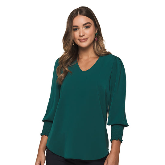 Cleo V Neck Shirred Cuff Top featuring a luxe twill fabric with a V-neckline, shirred cuffs, and keyhole back closure, ideal for a polished yet functional workplace look.