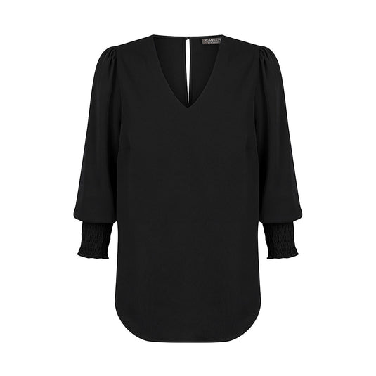 Cleo V Neck Shirred Cuff Top features luxe twill fabric and a keyhole back closure. Its elegant design, with shirred cuffs, complements both safety uniforms and casual workwear, aligning with Active Safety's quality standards.