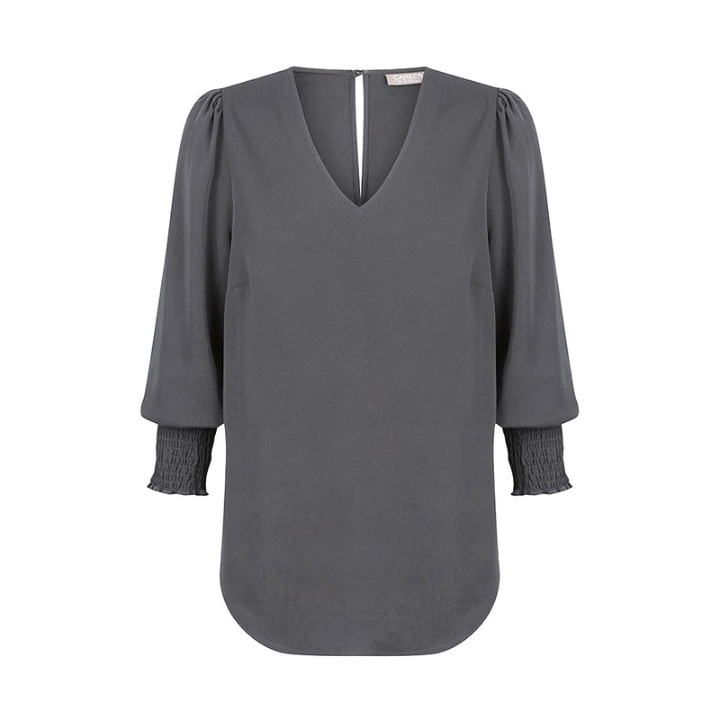 Load image into Gallery viewer, Cleo V Neck Shirred Cuff Top crafted from luxe twill fabric, showcasing ruffles and puffy sleeves, featuring a keyhole back closure. Ideal for combining style with workplace practicality.