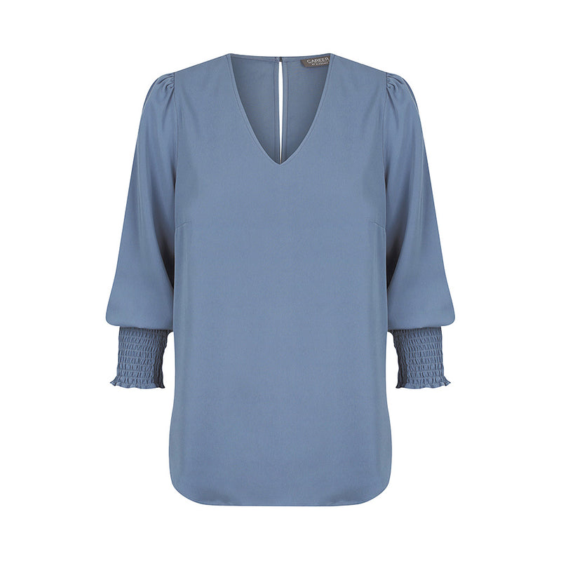 Load image into Gallery viewer, Cleo V Neck Shirred Cuff Top made from luxe twill fabric, features a stylish V-neck, shirred cuffs, and a keyhole back closure, ideal for professional and casual wear.