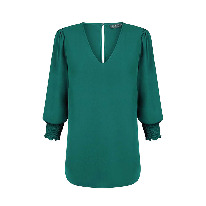 Load image into Gallery viewer, Cleo V Neck Shirred Cuff Top in luxe twill fabric, featuring a keyhole back closure and shirred cuffs, ideal for a stylish yet professional workwear ensemble.