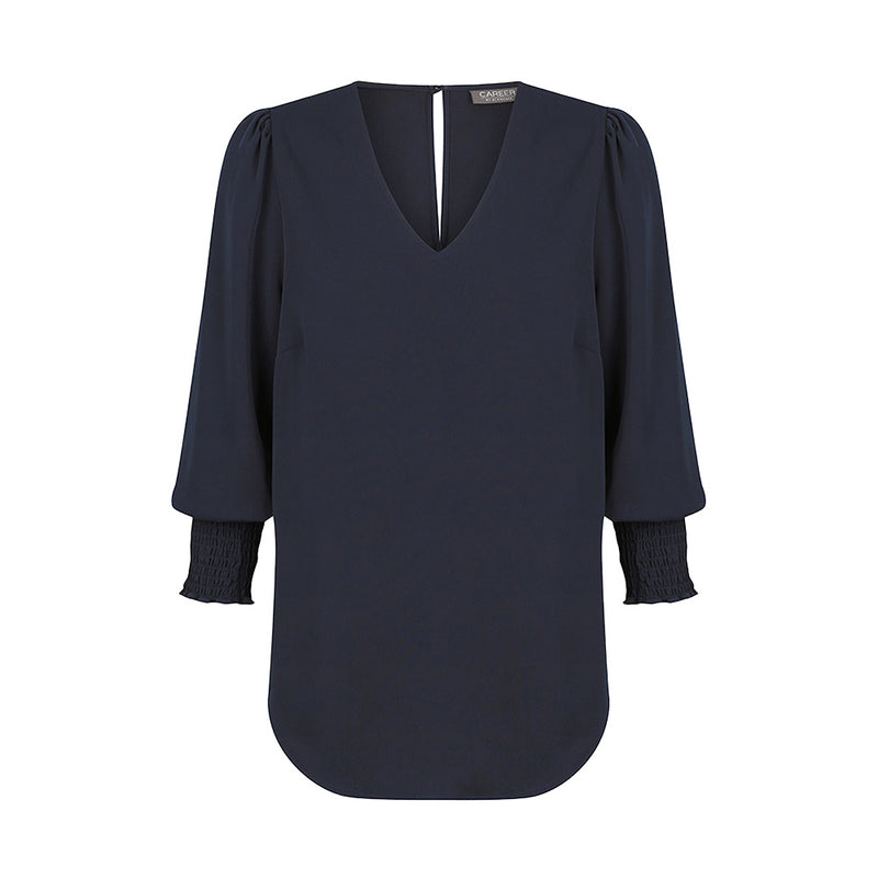 Load image into Gallery viewer, Cleo V Neck Shirred Cuff Top with luxe twill fabric and keyhole back closure, ideal for a stylish yet professional workplace look.