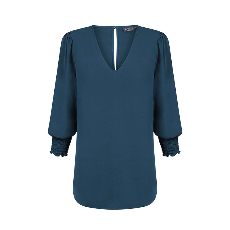 Load image into Gallery viewer, Cleo V Neck Shirred Cuff Top, featuring a sophisticated V-neck design, shirred cuffs, and a keyhole back closure, crafted from luxe twill fabric, ideal for stylish workplace attire.