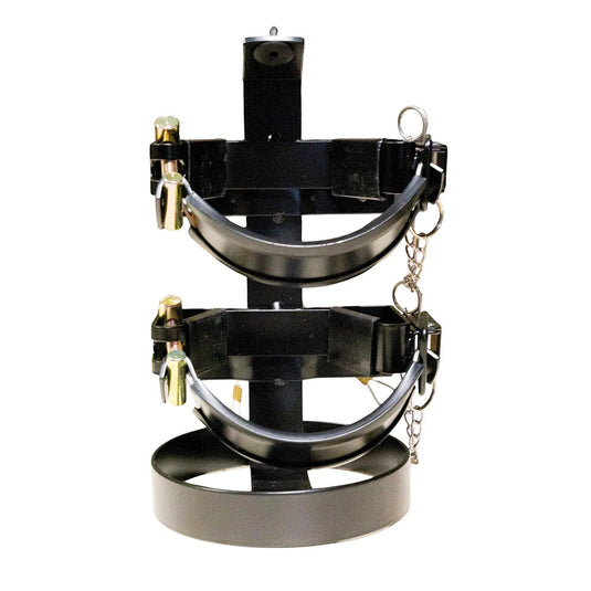 Heavy Duty 2.5kg ABE Flamefighter III Fire Extinguisher Bracket, featuring black metal construction with chains, adjustable mounts, rubber buffers, a raised base plate, and securing cables, ideal for safety equipment installation.