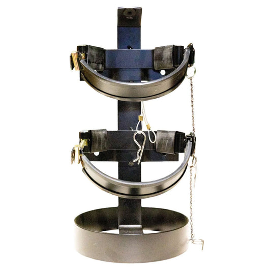 Heavy Duty 9KG ABE Flamefighter III Fire Extinguisher Bracket featuring a black metal design with adjustable securing mounts, rubber buffers, and extra securing cables, ideal for vehicles and buildings.