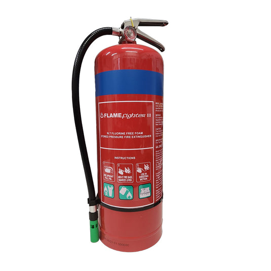 Fire Extinguisher Fluorine Free Foam: 9 Litre, featuring a stainless steel cylinder with hose, designed for combating Class A, B, and F fires, ideal for multi-risk areas like workshops and garages.