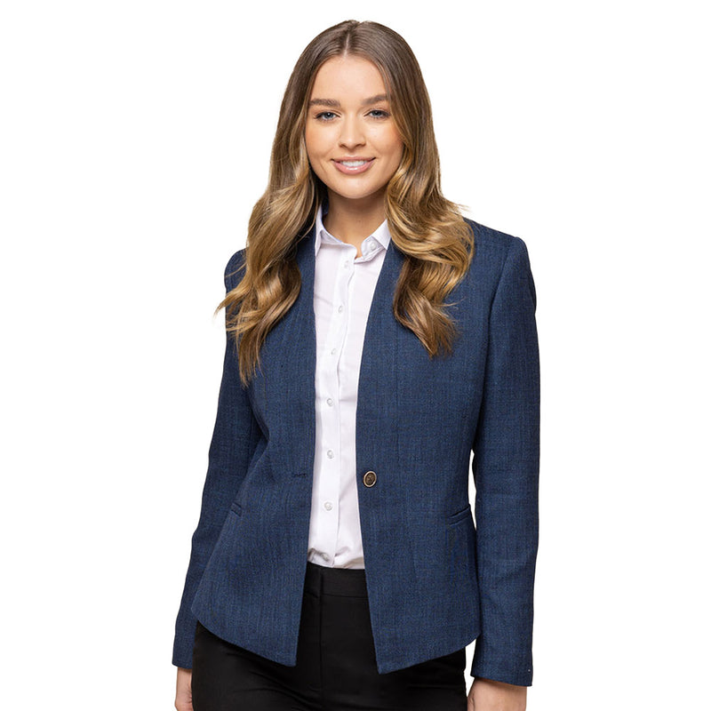 Load image into Gallery viewer, Claremont Womens Textured Crop Jacket; a woman models a sleek blazer featuring a single button, shawl collar, angled front, cropped back hem, and side jet pockets, ideal for professional attire.