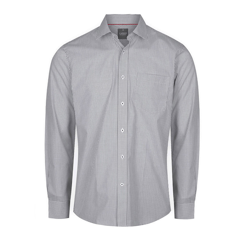 Load image into Gallery viewer, Fawkner Micro Check Long Sleeve Shirt features a contemporary fit with a checkered pattern, classic collar, placket front, convertible cuff, and a left chest pocket, ideal for workplace settings.