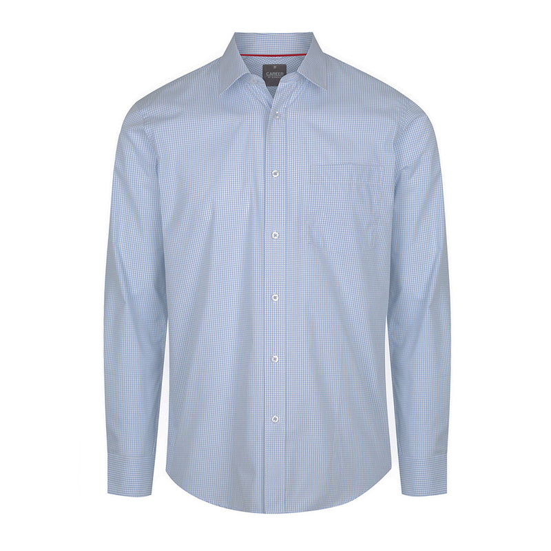 Load image into Gallery viewer, Fawkner Micro Check Long Sleeve Shirt featuring a blue and white checkered pattern, classic collar, placket front, convertible cuffs, and left chest pocket. Ideal for adding a professional touch to safety workwear.