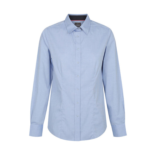 Bradford Womens Fine Oxford Long Sleeve Shirt showcasing a slim fit with internal collar and cuff contrast trims, placket front, classic collar, and hidden modesty button, ideal for professional or casual settings.