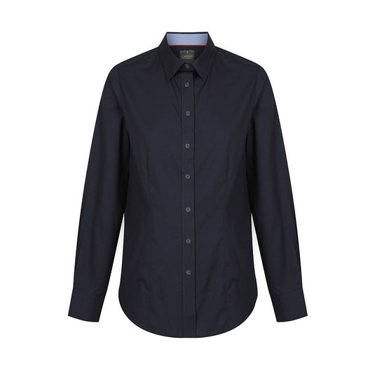 Bradford Womens Fine Oxford Long Sleeve Shirt featuring classic collar, button placket, and distinct internal collar and cuff contrast trims, ideal for professional and safety-focused environments.