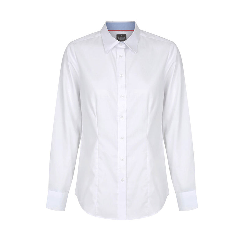 Load image into Gallery viewer, Bradford Womens Fine Oxford Long Sleeve Shirt features a classic collar, slim fit, and internal collar and cuff contrast trims. Designed with front and back darts, it includes a placket front and hidden modesty button.