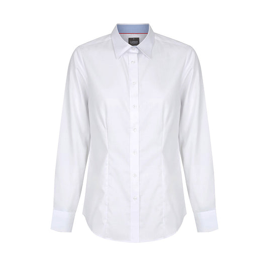 Bradford Womens Fine Oxford Long Sleeve Shirt features a classic collar, slim fit, and internal collar and cuff contrast trims. Designed with front and back darts, it includes a placket front and hidden modesty button.