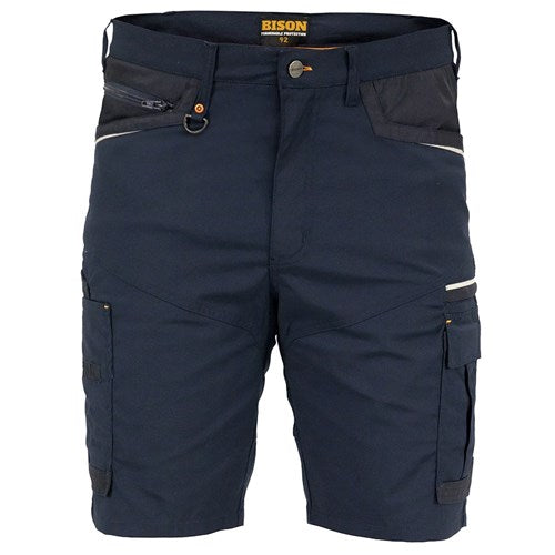 Bison Lightweight Stretch Shorts, Navy, featuring cargo and zipped pockets, reinforced panels, and a D-ring at the waist, designed for durability and flexibility, suitable for active work environments.