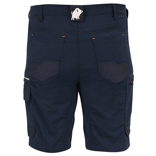 Load image into Gallery viewer, Bison Lightweight Stretch Shorts, Navy, featuring a white elephant design on the back, equipped with multiple cargo and zipped pockets, and reinforced panels for durability. Ideal for workplace safety and comfort.