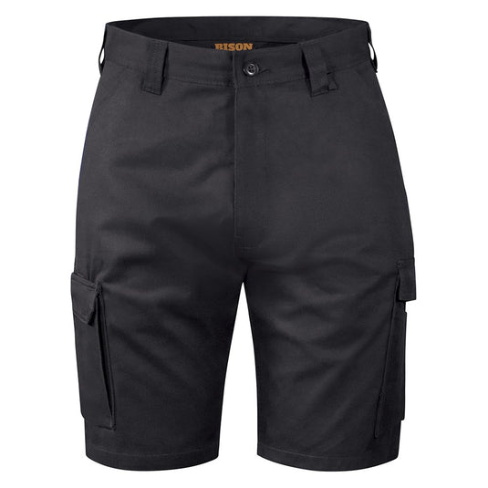 Bison 310gsm Cotton Short featuring slanted front pockets, robust belt loops, twin back pockets with Velcro, cargo pockets on legs, and a ruler pocket, ideal for workplace utility.
