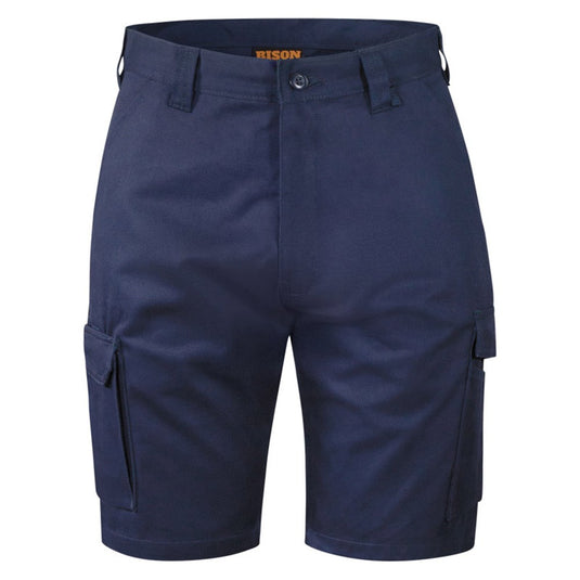 Bison 310gsm Cotton Short features durable cotton twill, slanted front pockets, wide belt loops, twin back pockets with Velcro flap, cargo pockets on both legs, a ruler pocket, and button waist closure.