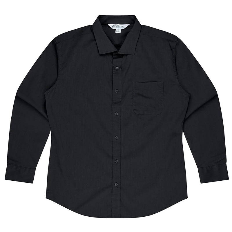 Load image into Gallery viewer, Mosman Men's Long Sleeve Shirt featuring a double-turned placket with edge stitching, curved cuffs, and a rounded pocket. Designed with a standard fit, back yoke, and side comfort pleats for workplace versatility.