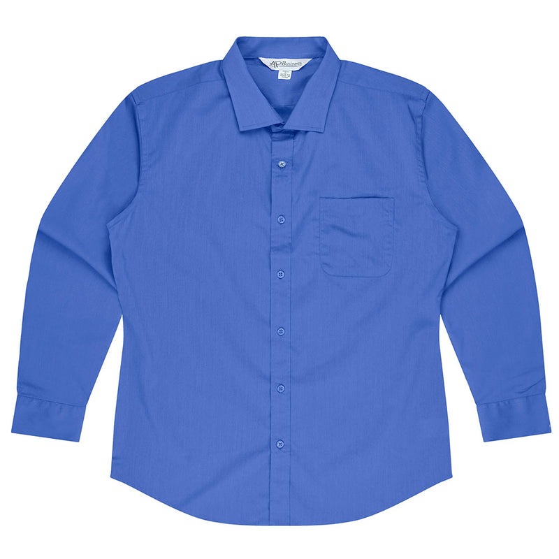 Load image into Gallery viewer, Mosman Men's Long Sleeve Shirt featuring a back yoke with side pleats, rounded pocket, and curved cuffs. Ideal for workplace settings, emphasizing durability with anti-pilling treatment and a double-turned placket.