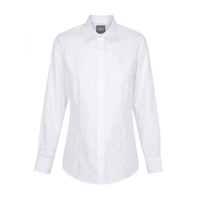 Load image into Gallery viewer, Women’s Ultimate Long Sleeve Shirt with a classic collar, front and back darts, and adjustable cuffs, featuring a placket front and hidden modesty button. Ideal for a polished, professional look.