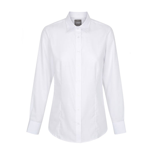 Women’s Ultimate Long Sleeve Shirt with a classic collar, front and back darts, and adjustable cuffs, featuring a placket front and hidden modesty button. Ideal for a polished, professional look.