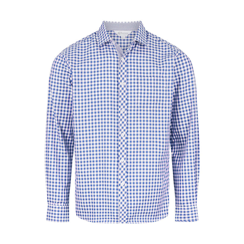 Load image into Gallery viewer, Brighton Mens Long Sleeve Check Shirt, featuring a blue and white check pattern with a subtle houndstooth inside the collar and cuffs, complete with a practical left chest pocket, ideal for workplace settings.