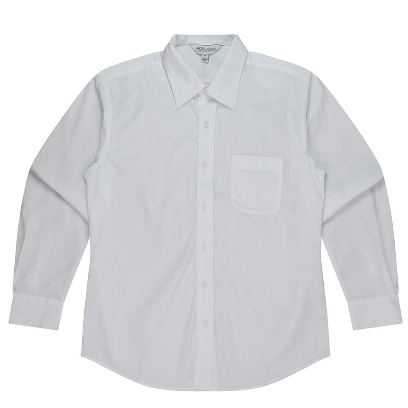 Load image into Gallery viewer, Kingswood Mens Long Sleeve Shirt features a white collared design with a pocket and button detail, made from a blend of polyester and cotton, offering a fashionable and comfortable fit for everyday wear.