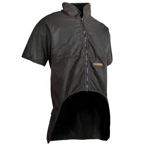 Wax Oilskin Short Sleeve jacket with zipper, featuring a seamless shoulder design and protective collar. Ideal for safety and workwear, it includes a thermal fur liner and internal cell pocket.