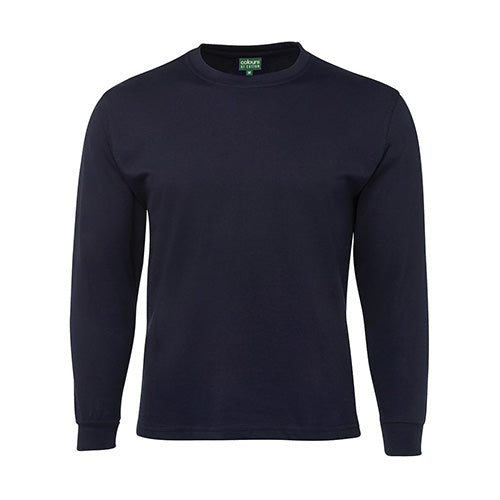 JB's Cotton Long Sleeve T-Shirt featuring a classic fit, heavy 190gsm ring spun Jersey knit fabric, ribbed sleeve cuffs, and elastane rib crew neck, ideal for workplace comfort and durability.