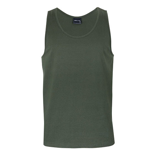 JB's Cotton Singlet, crafted from 190gsm ring spun Jersey knit fabric, is showcased here as a classic fit green tank top. Ideal for activewear, aligning with Active Safety's focus on durable workwear.