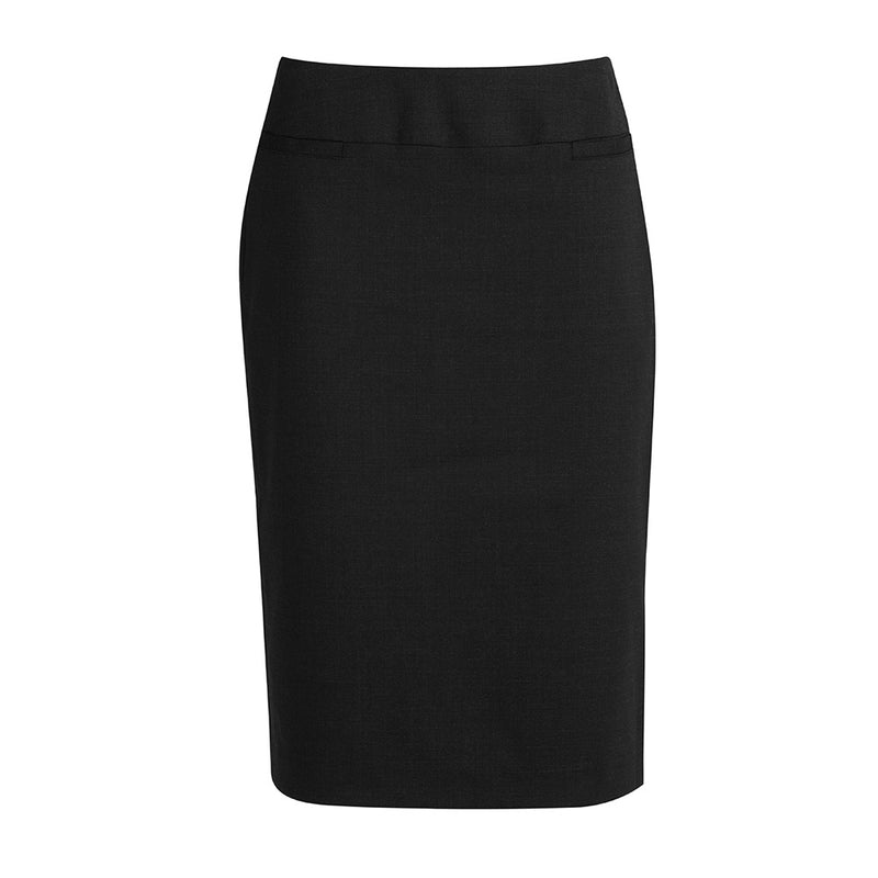 Load image into Gallery viewer, Biz Womens Cool Stretch Relaxed Fit Lined Skirt features a knee-length design with a back hem split and concealed zip, crafted from breathable, odor-resistant fabric, ideal for workplace comfort and durability.