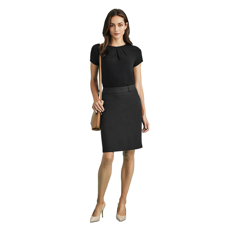Load image into Gallery viewer, Biz Womens Cool Stretch Multi-Pleat Skirt showcases a modern, knee-length design with box pleats for comfort, deep side pockets, and belt loops, ideal for professional and active environments.