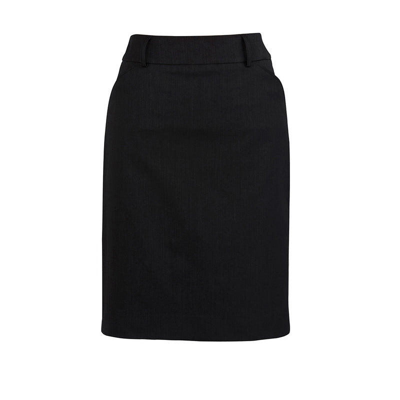 Load image into Gallery viewer, Biz Womens Cool Stretch Multi-Pleat Skirt with belt loops and deep side pockets, featuring box pleats at the rear. Designed for comfort and breathability, ideal for workplace wear.