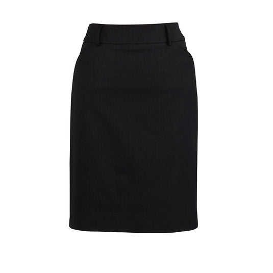 Biz Womens Cool Stretch Multi-Pleat Skirt with belt loops and deep side pockets, featuring box pleats at the rear. Designed for comfort and breathability, ideal for workplace wear.