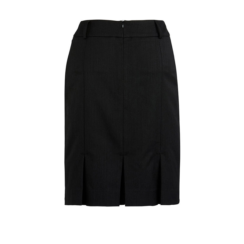 Load image into Gallery viewer, Biz Womens Cool Stretch Multi-Pleat Skirt features box pleats at the rear, deep side pockets, and belt loops. This knee-length design offers mechanical stretch for comfort, ideal for professional workwear.