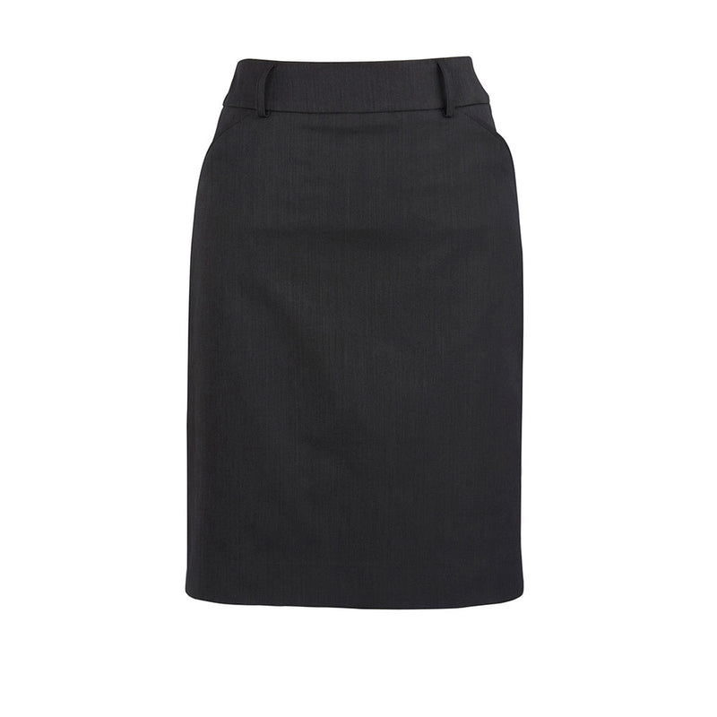Load image into Gallery viewer, Biz Womens Cool Stretch Multi-Pleat Skirt featuring box pleats at the back, belt loops, and deep side pockets, offering a modern, comfortable fit ideal for professional and active settings.