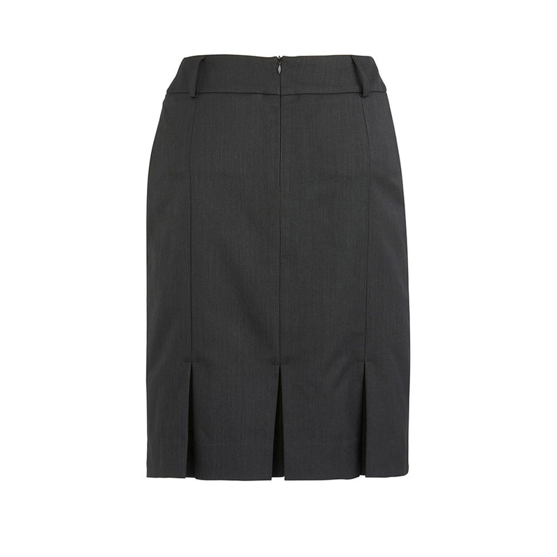 Load image into Gallery viewer, Biz Womens Cool Stretch Multi-Pleat Skirt featuring box pleats for modern comfort, visible belt loops, and deep side pockets. Designed to finish at the knee, ideal for workplace wear and active safety environments.
