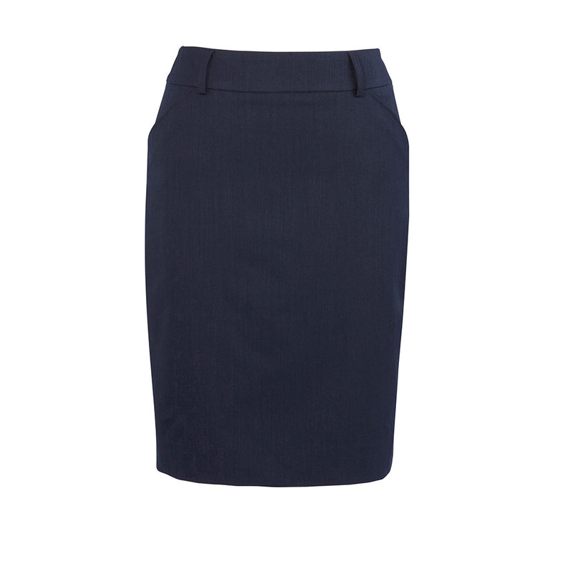 Load image into Gallery viewer, Biz Womens Cool Stretch Multi-Pleat Skirt featuring box pleats for a modern look, with belt loops and deep side pockets. Designed to finish at the knee, ideal for comfort in workplace settings.