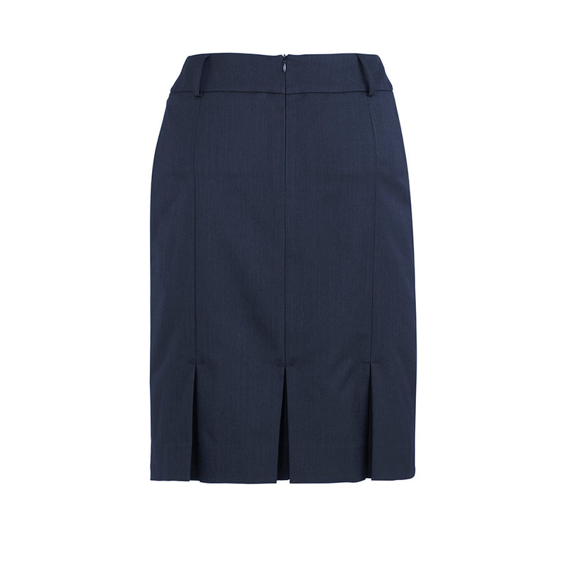 Load image into Gallery viewer, Biz Womens Cool Stretch Multi-Pleat Skirt, showcasing box pleats at the back, belt loops, and deep side pockets, designed to finish at the knee, perfect for comfort and modern workplace style.