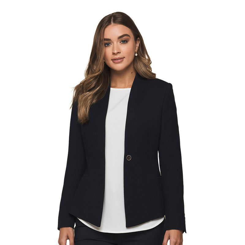 Load image into Gallery viewer, Bronte Textured Crop Jacket modeled by a woman; features shawl collar, embroidery access zip, and contrast color internal binding, exemplifying stylish workwear suitable for professional environments. Machine washable for convenience.